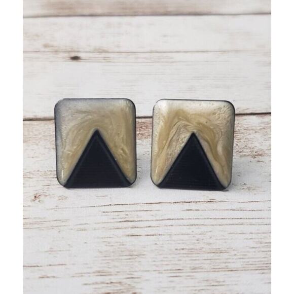 Vintage Jewelry - Vintage Clip On Earrings - Beige Rectangle with Black Triangle